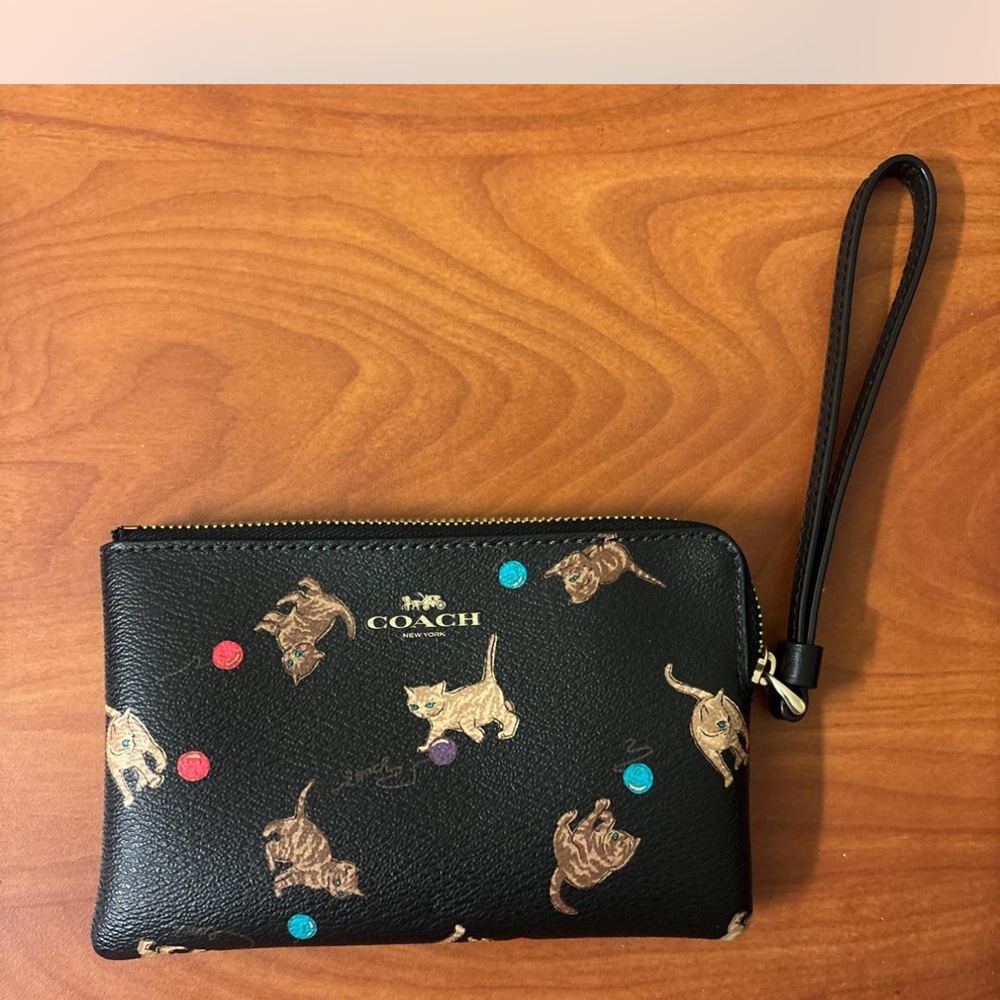 Coach Black Wristlet with Cat and Colorful Dot Design